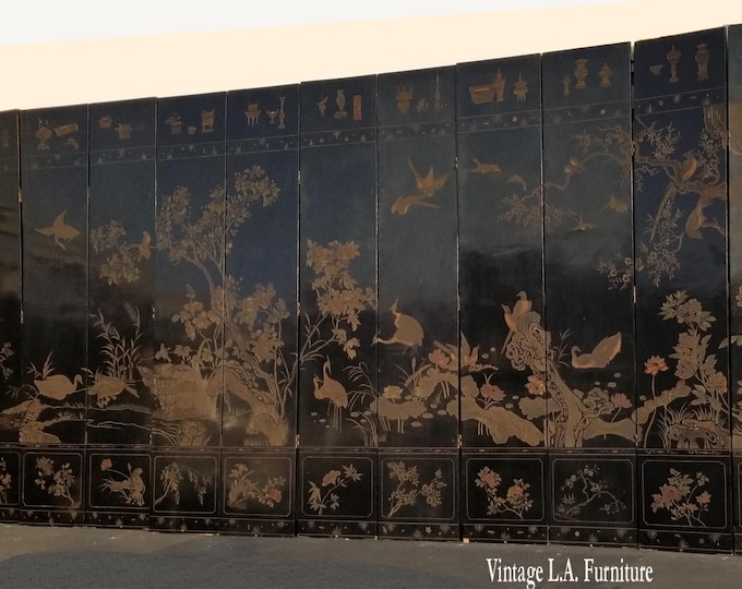 20th Century Asian Chinese Chinoiserie Black Coromandel 12 Panel Screen Two Sided 2ndS
