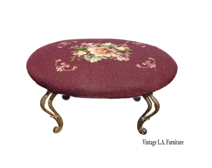Footstool - Vintage Victorian Style Burgundy Oval Floral Needlepoint Footstool
