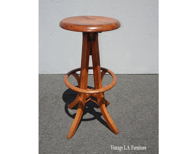 Antique French Country Swivel Adjustable Height Oak Stool Bar Stool