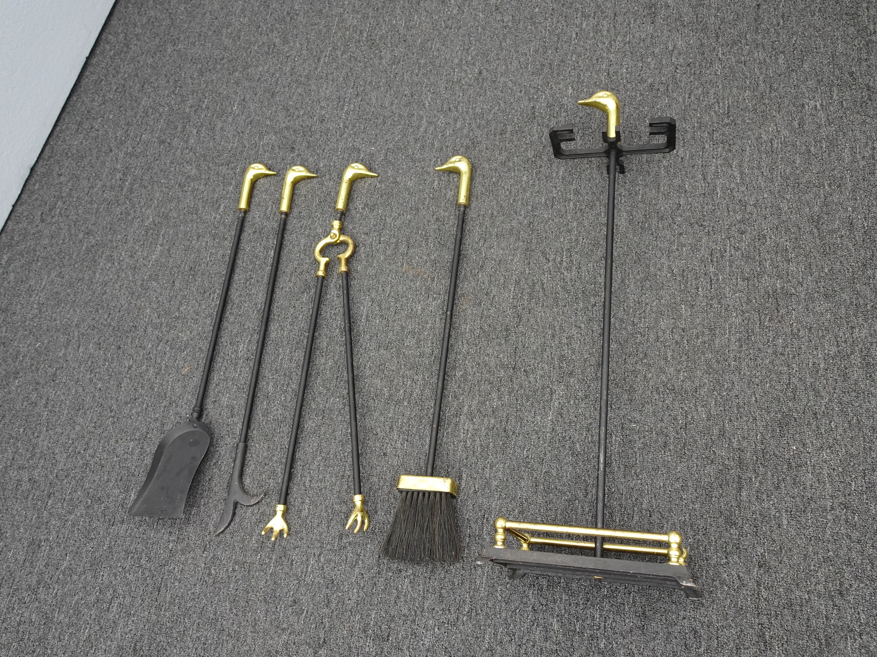 intage French Country Goose Duck Metal & Brass Fireplace Tools