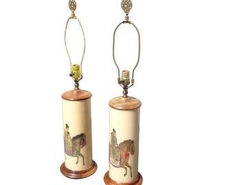 Pair Japanese Asian Table Lamps w Family on Horses and Brass Finials ~ Signed
