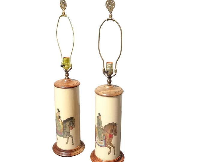 Pair Japanese Asian Table Lamps w Family on Horses and Brass Finials ~ Signed