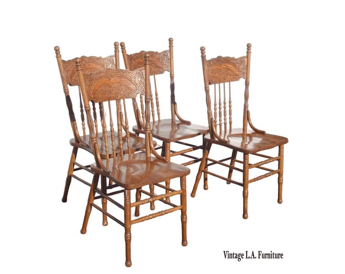 Chairs Pressed Back ~ Set Four Cane Vintage French Country Golden Oak Chairs #2