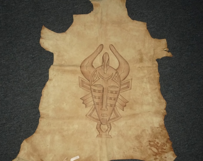 Vintage Leather Pelt Picture Etched w Gazelle signed Vapsoba Jean