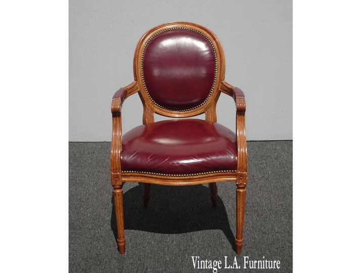 Vintage French Provincial Burgundy Leather Accent Chair with Decorative Nails