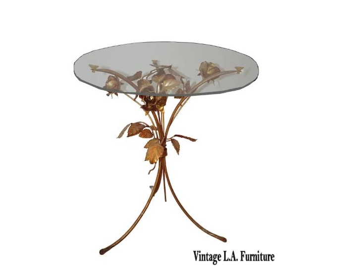 Vintage French Country Italian Gold Gilt Tole Side End Table Made n Italy Roses