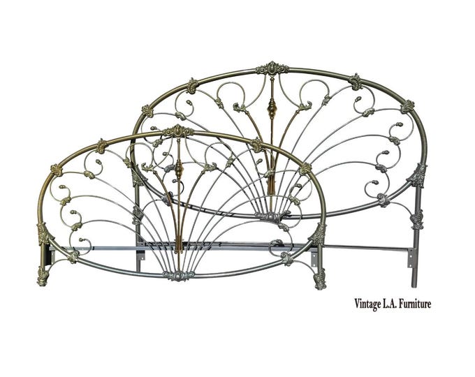 Vintage French Elliott's Designs Iron Gold Silver Queen Bedframe Headboard