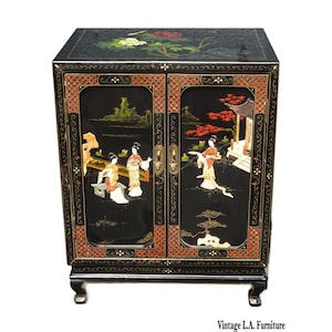 Vintage Oriental Black Lacquer Hand Painted Two Door Cabinet