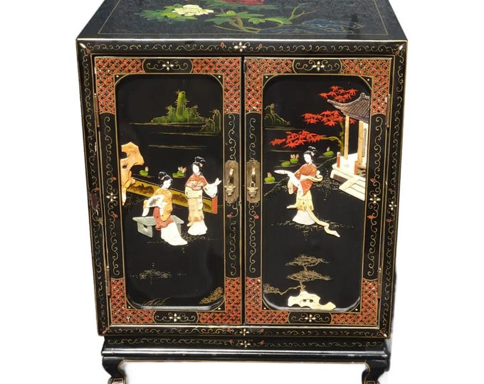 Vintage Oriental Black Lacquer Hand Painted Two Door Cabinet ~ Mother of Pearl