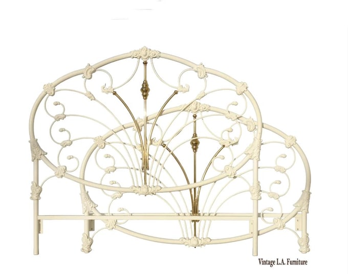 Vintage French Elliott's Designs White Gold Iron Queen Headboard w Footboard #2