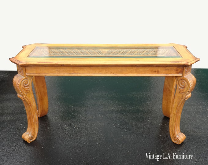 Vintage Golden Brown Entry Console Table w Beveled Glass Top ~ Cravings