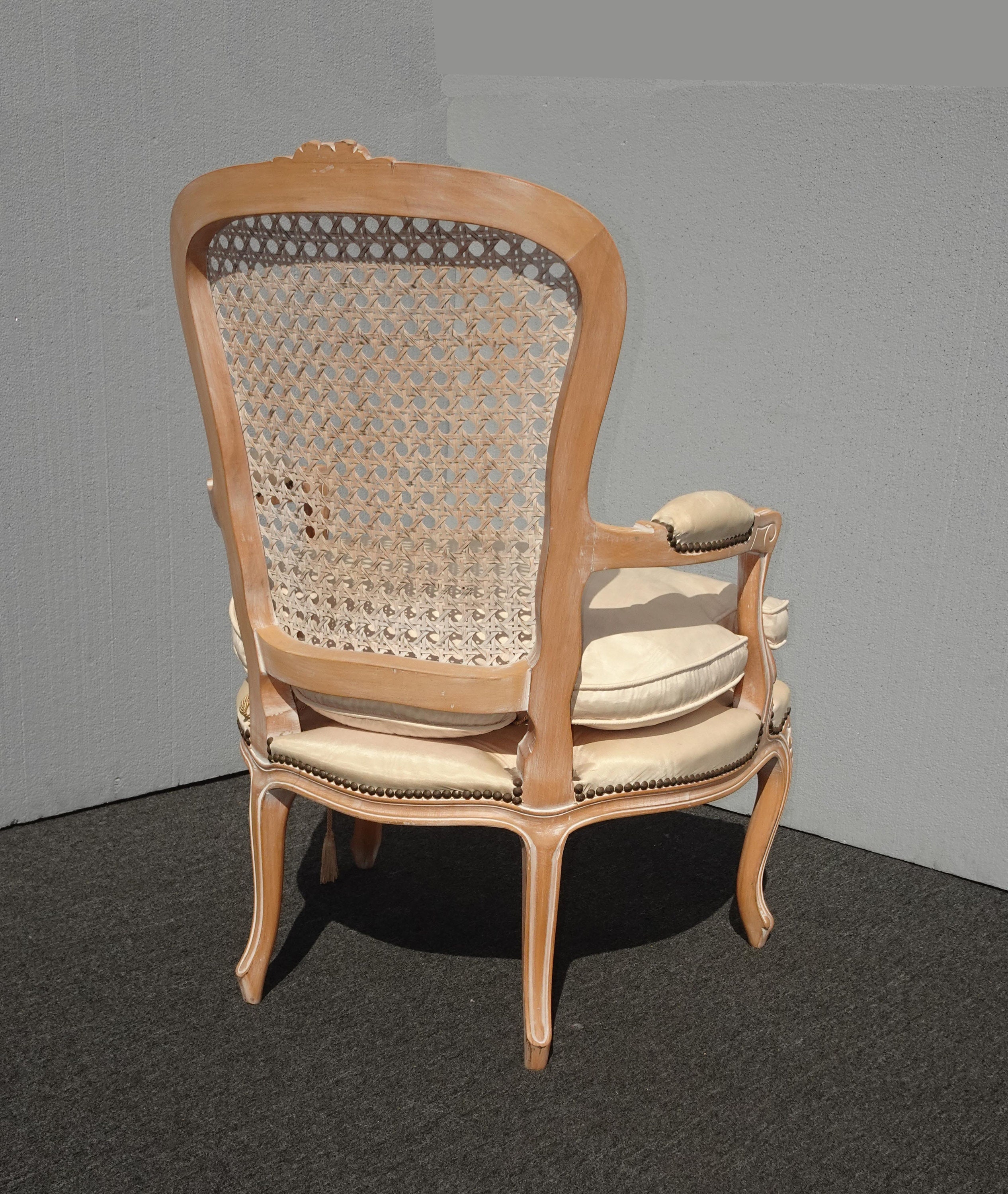 Vintage French Country White Cane Accent Chair w Down Feather Cushion