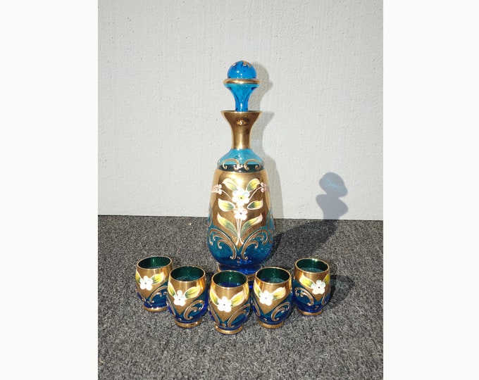 Vintage Venetian Blue Glass Decanter and Five Shot Glasses