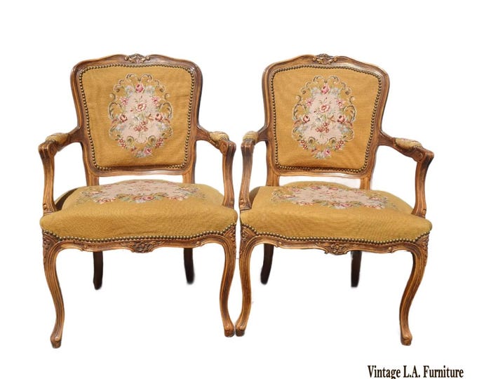 Pair of Vintage French Provincial Louis XVI Gold Tapestry Needlepoint Arm Chairs