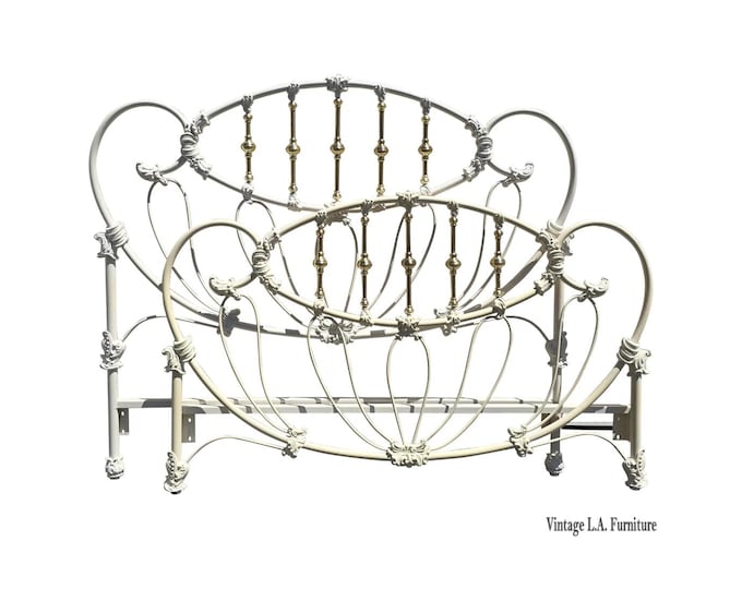 Vintage French Elliott's Designs White Iron Queen Headboard & Footbaord #6