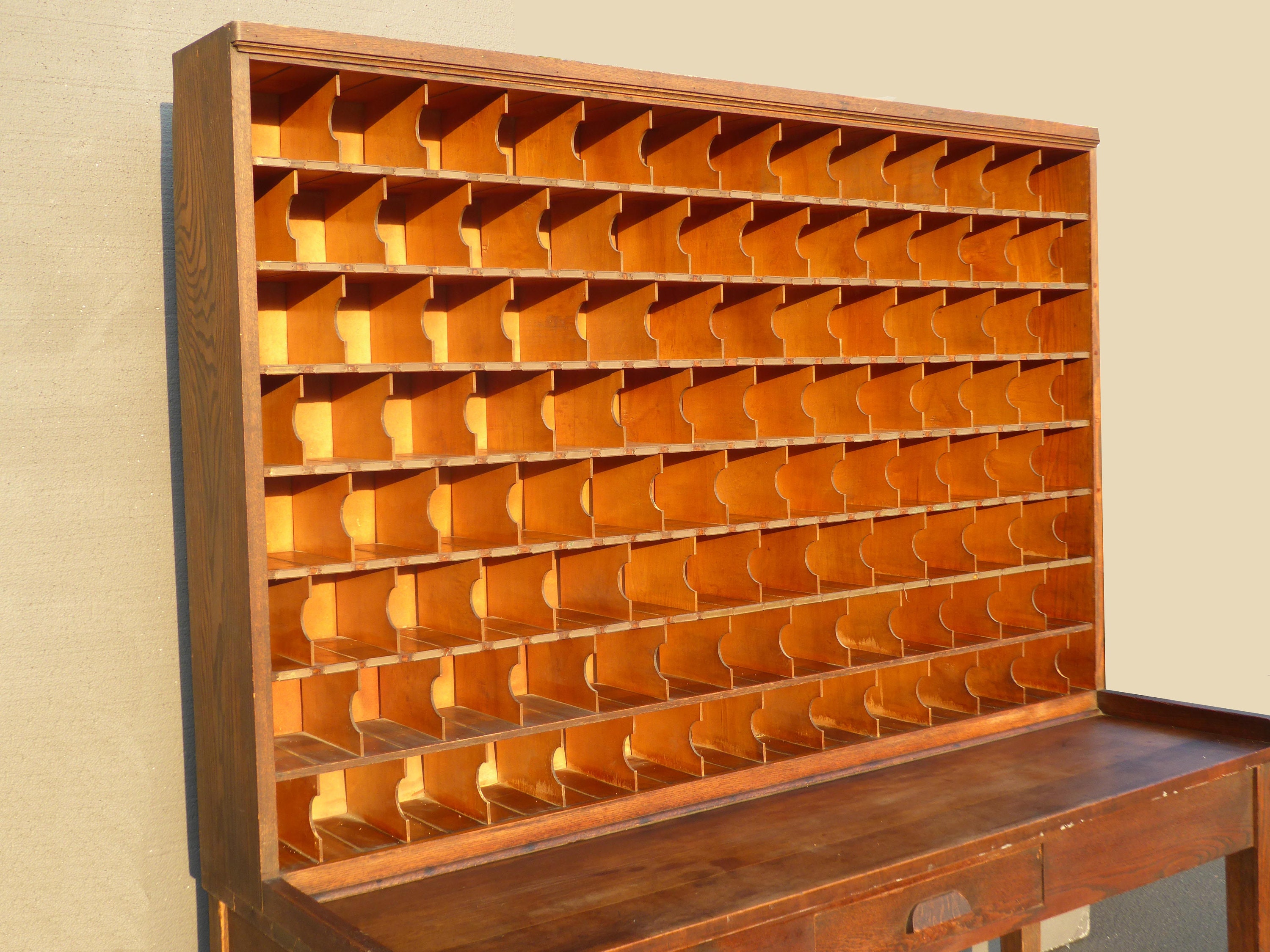 1932 Vintage Industrial Mail Slot File Hutch or Brown Wood Desk