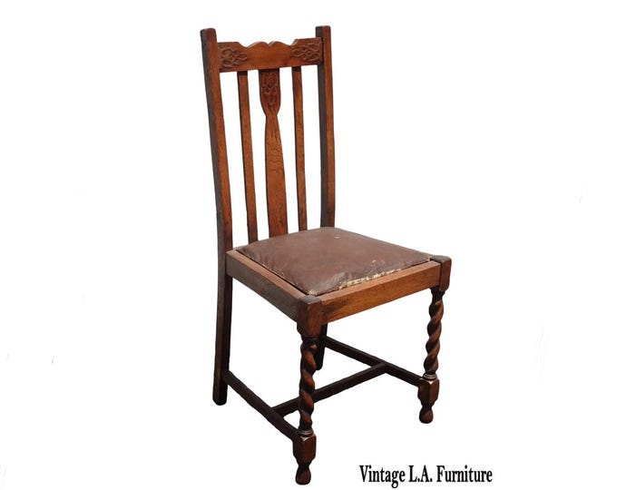 Antique French Country Brown Barley Twist Leather Side Chair Asis