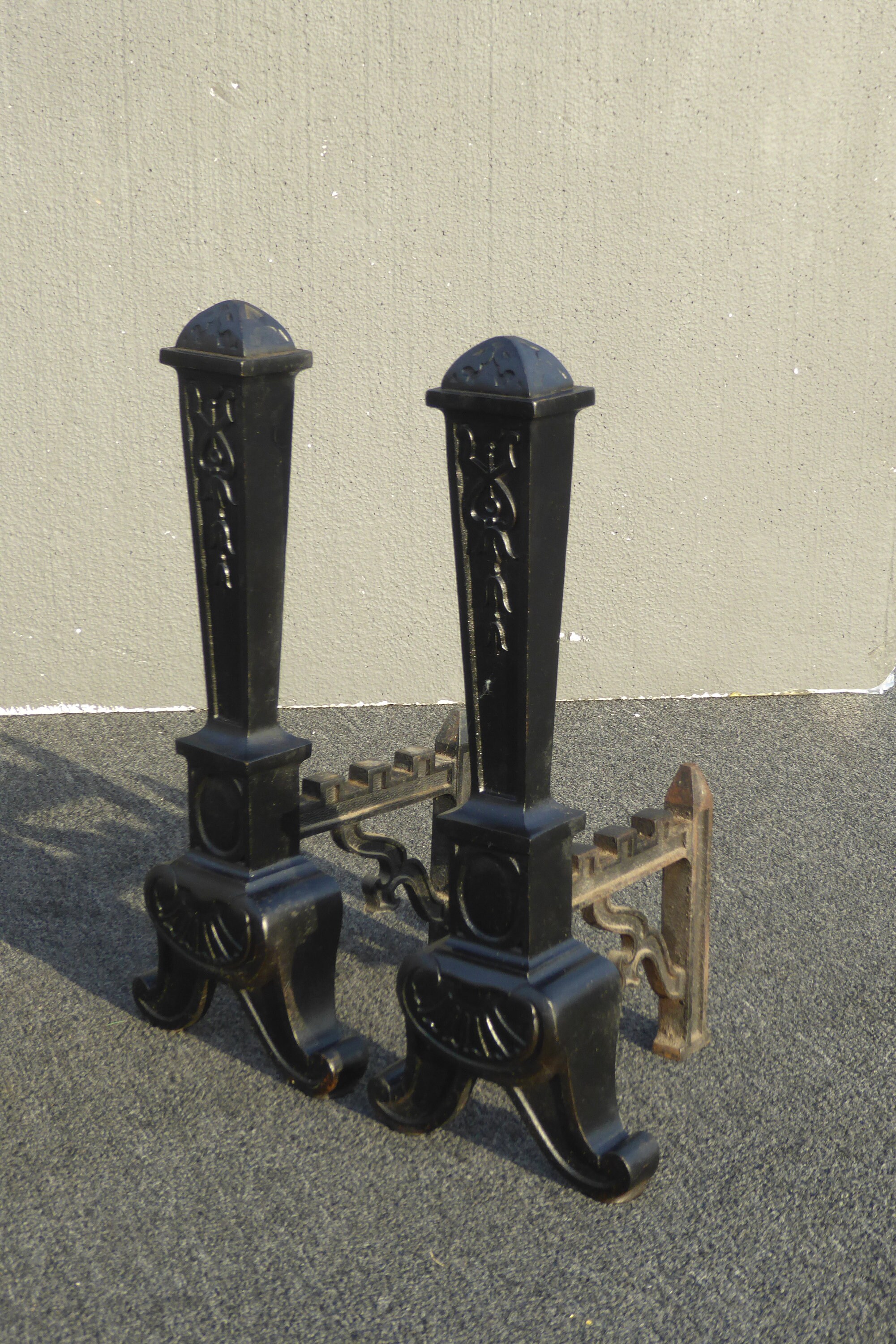 Pair of Vintage Wrought Iron Black Fireplace Andirons French Country