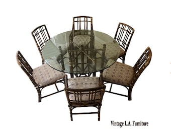 Vintage McGuire Bamboo Leather Dining Room Table and Six Chairs