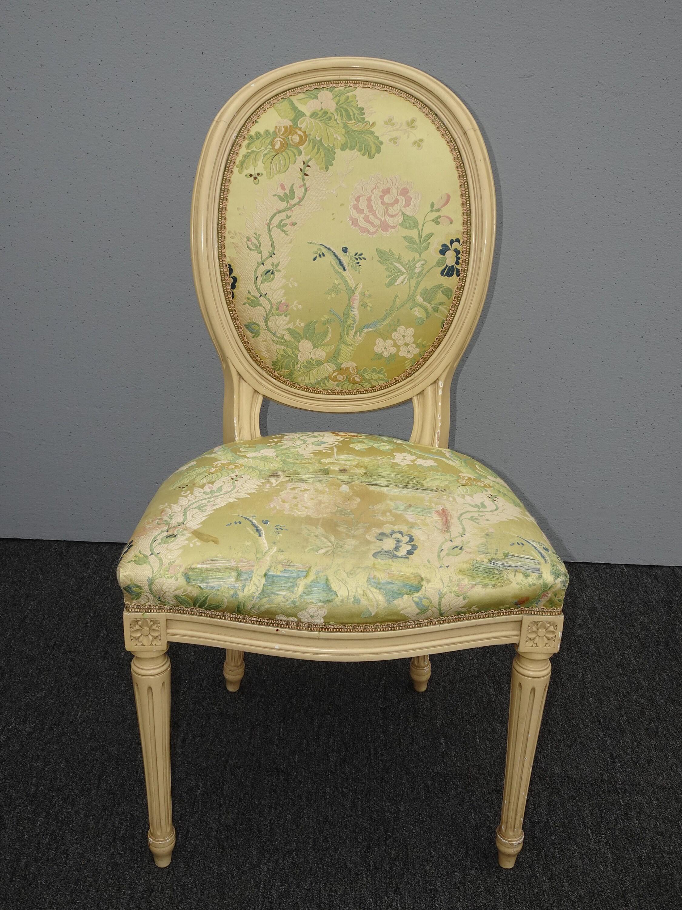 Vintage French Country Gold Silk Blend Floral Side Chair Vanity Chair