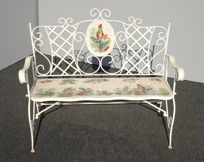 Vintage French Country White Wrought Iron Tiled Bench w Parrots Two Seater