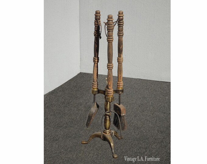 Vintage French Country Fireplace Tools w Wood Handles Set of Three