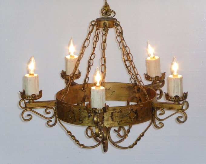 Vintage Gothic Renaissance Chandelier Gold Gilt Candelabra Five Arm Light Lamp