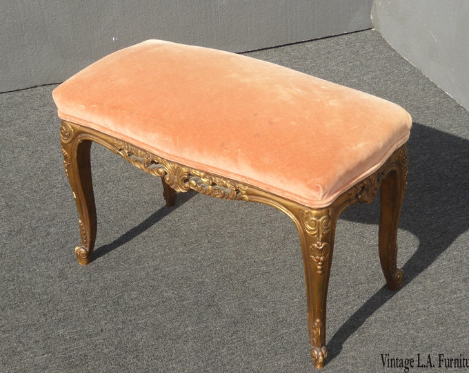 Vintage French Provincial Louis XV Peach Velvet Bench w Gold Scrolled Base