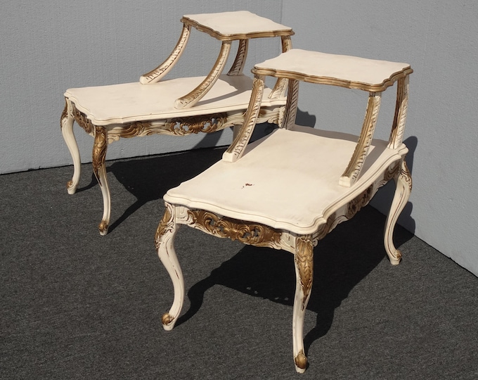 Pair Vintage French Provincial Off White & Gold 2 Tier End Tables