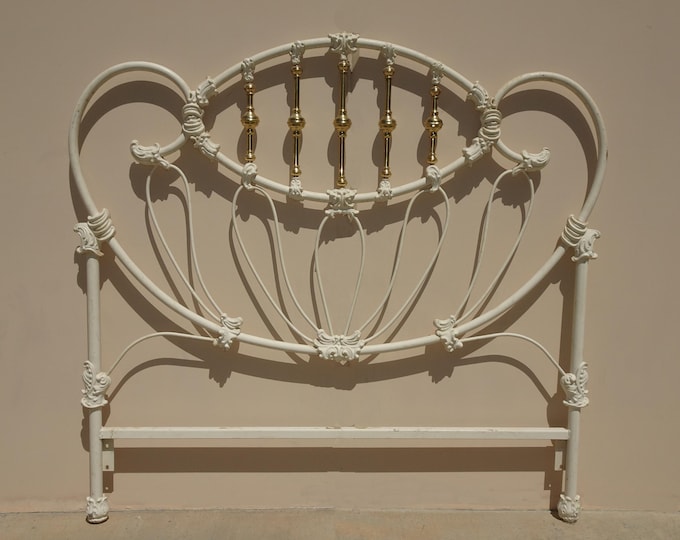 Vintage Elliott's Design White Enamaled Iron & Brass Full/Queen Headboard
