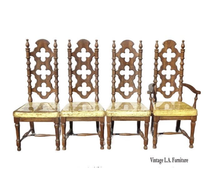 Set of Four Vintage Spanish Style Dining Chairs w Yellow Velvet