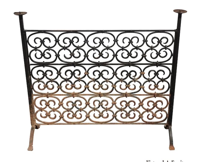 Vtg French Country Black Rustic Wrought Iron Fireplace Screen w Candle Holders