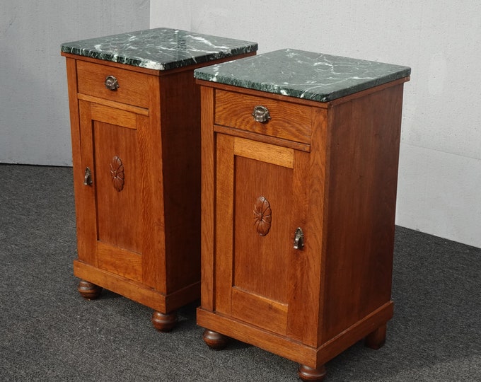 20th Century Oak Beidermier Nightstands Cabinets with Marble Tops