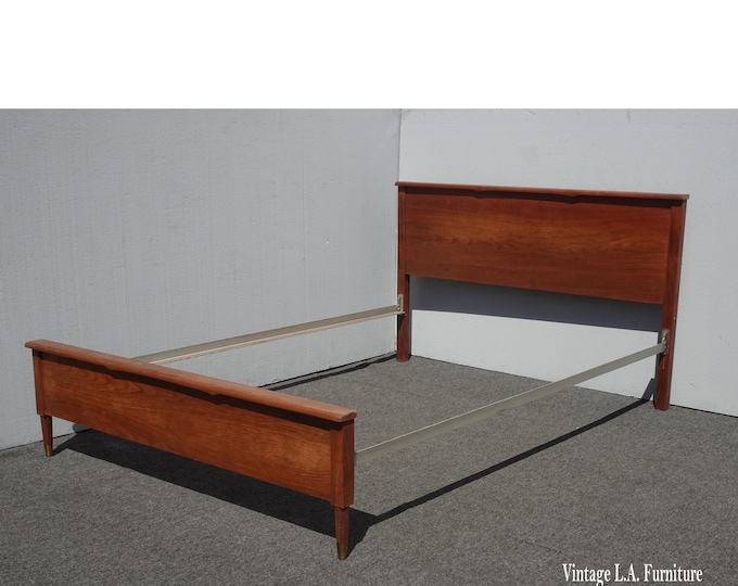 Vintage Mid Century Modern Brown Full Bed Frame Headboard & Footboard