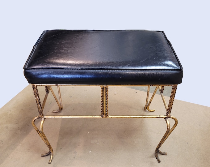 Vintage Mid Century Black Bench w Gold Metal Base Hollywood Regency