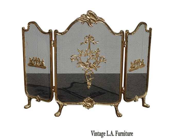 Vintage French Provincial Ribbons Love Birds Gold Brass Fireplace Screen #2
