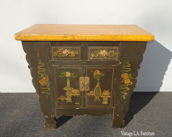 Antique Hand Painted Asian Chinoiserie Altar Cabinet Side Table