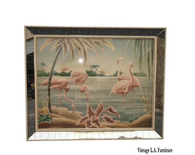 Vintage Mid Century Flamingo Lithograph Picture Print by Turner in Mirror Frame