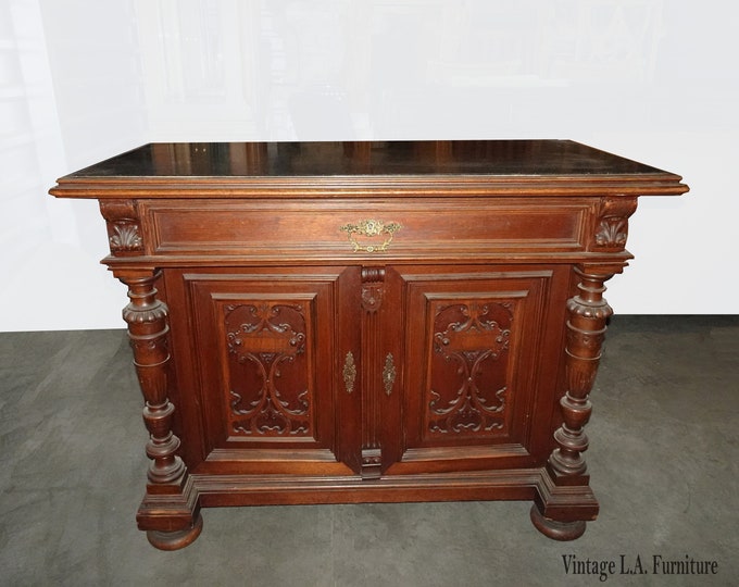 Antique Black Marble Top French Victorian Ornate Sideboard Cabinet Entry Table
