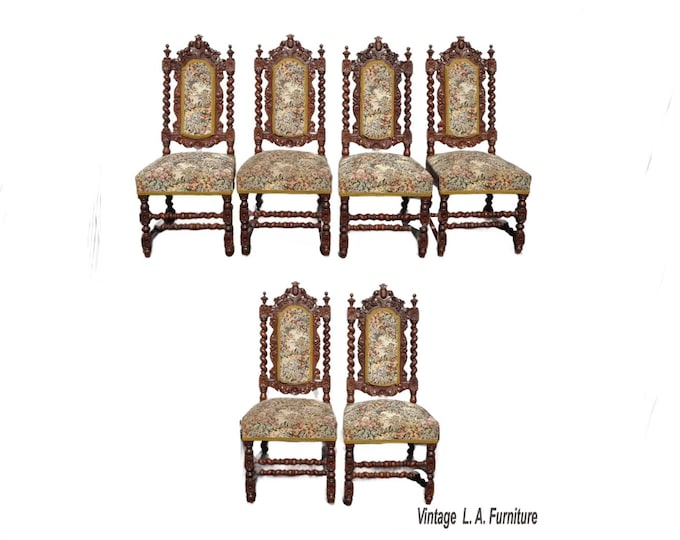 Six Antique French Rennaissance Barley Twist Dining Chairs ~ Jacobean Victorian