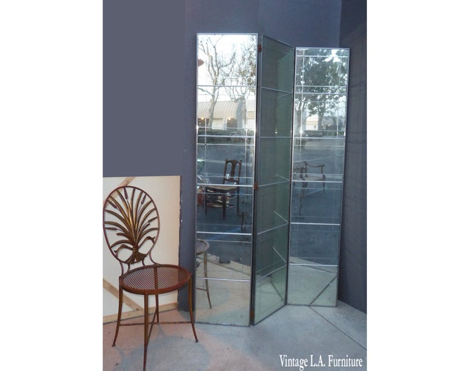 Stunning Mid Century Modern Art Deco Three Panel Aged Mirrored Room Divider