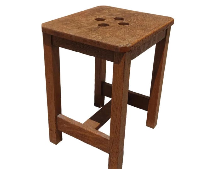 Vintage French Country Brown Oak Stool Farmhouse Chic