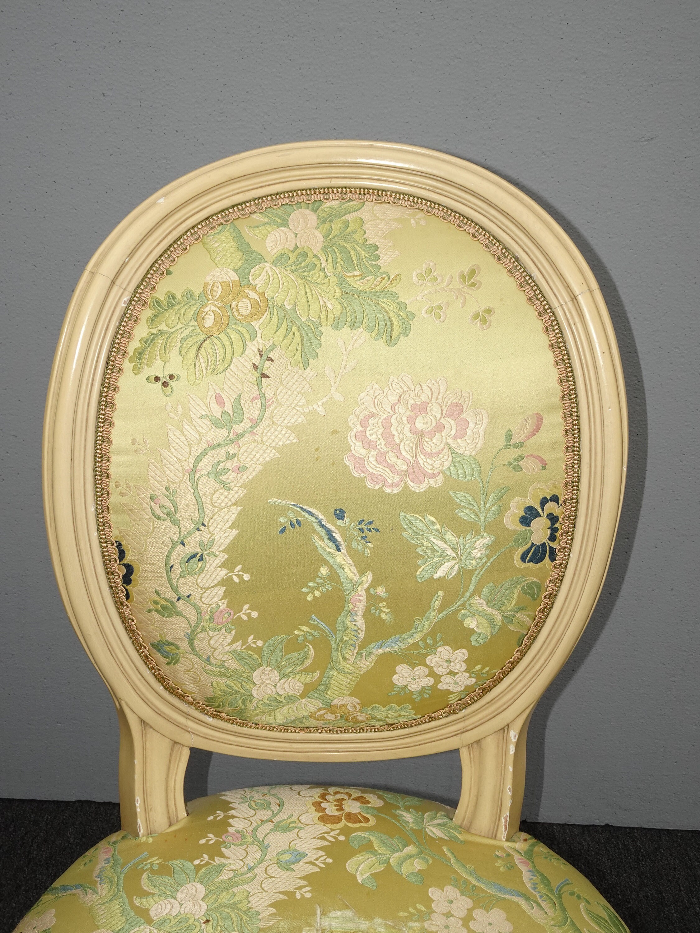 Vintage French Country Gold Silk Blend Floral Side Chair Vanity Chair