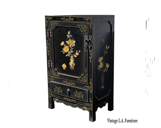 Vintage Chinese Asian Black Lacquer Chinoiserie Cabinet Storage Side Table #2of2