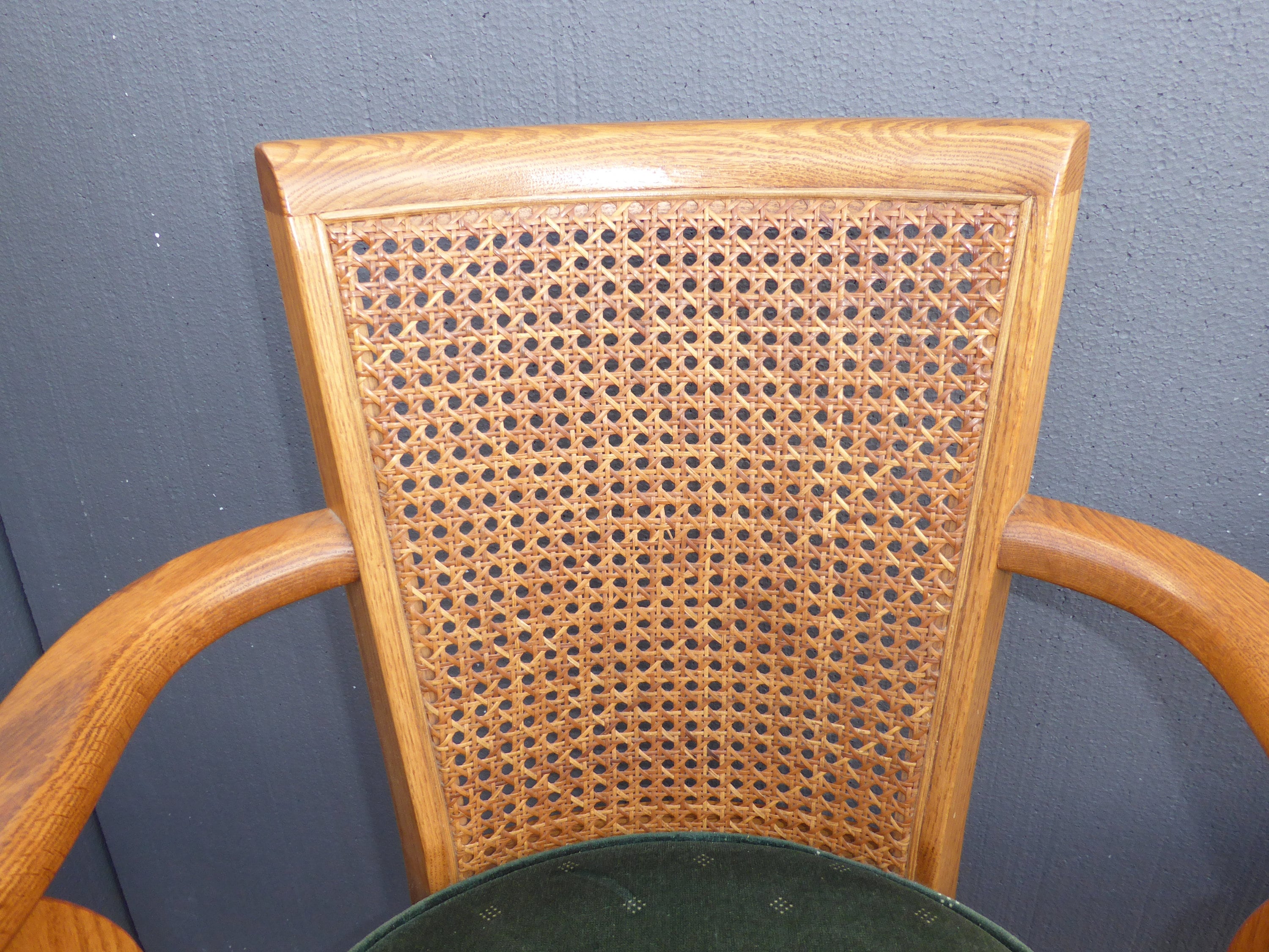 Pair Vintage Mid Century Modern Cane Back Oak Green Velvet Counter Bar