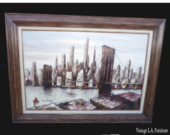 Vintage Mid Century Brooklyn Bridge Picture by H. Duchamp Oil on Canvas Painting