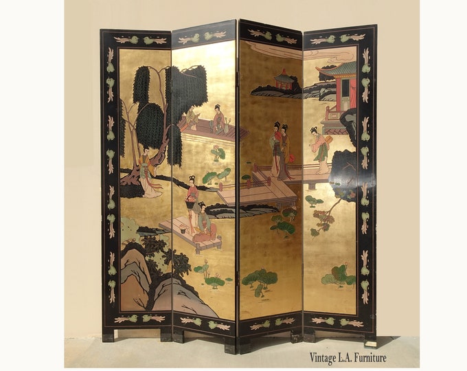 Vintage Asian Coromandel Gold Four Panel Screen Room Divider Unique Geisha Scene
