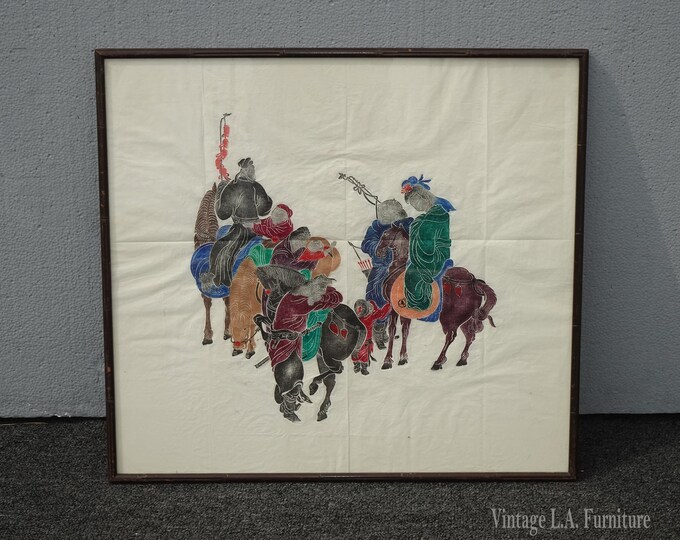 Vintage Picture Temple Art Charcoal Rubbings of Oriental Families on Horses