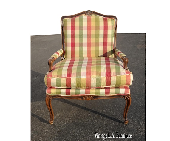 Vintage French Country Red Green Plaid Accent Chair W Down