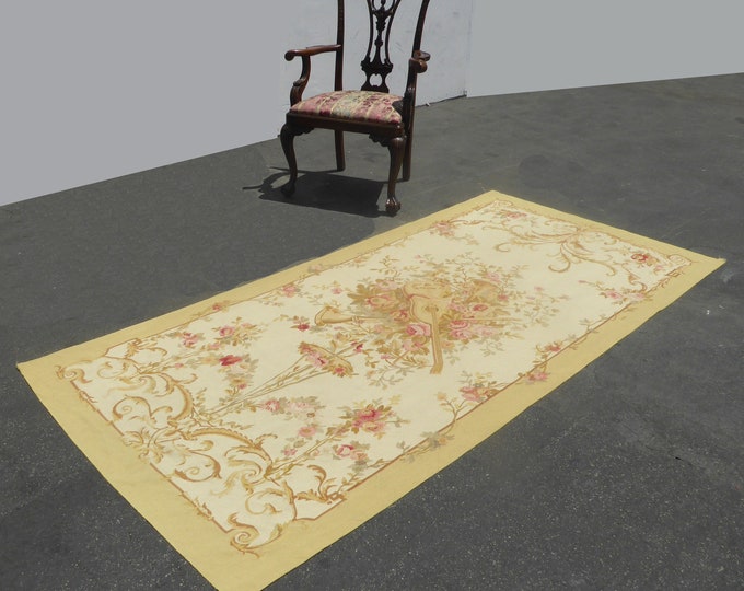 Vintage Hand Knotted Wool Tan Floral Aubusson Tapestry Rug Made In France